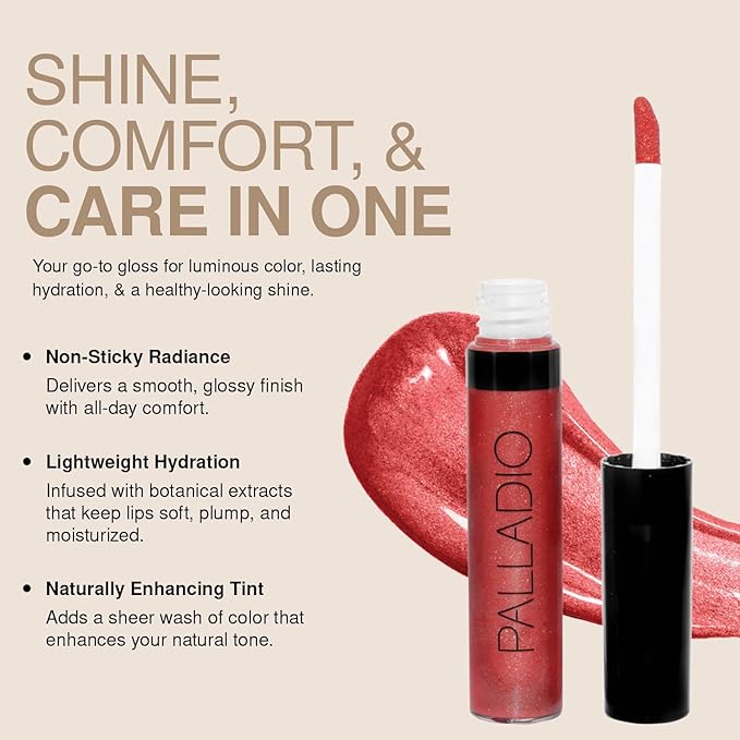 Palladio Lip Gloss, Non-Sticky Lip Gloss, Contains Vitamin E and Aloe, Offers Intense Color and Moisturization, Minimizes Lip Wrinkles, Softens Lips with Beautiful Shiny Finish, Pink Pearl