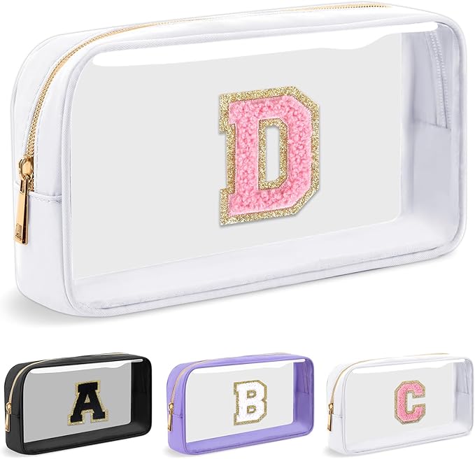 Personalized Initial Letter Clear Makeup Bag,Preppy Small Nylon&PVC Cosmetic Zipper Bag with Chenille Letter,Travel Skincare Toiletry Bag,Monogram Christmas Gift for Teen Girls Women,D