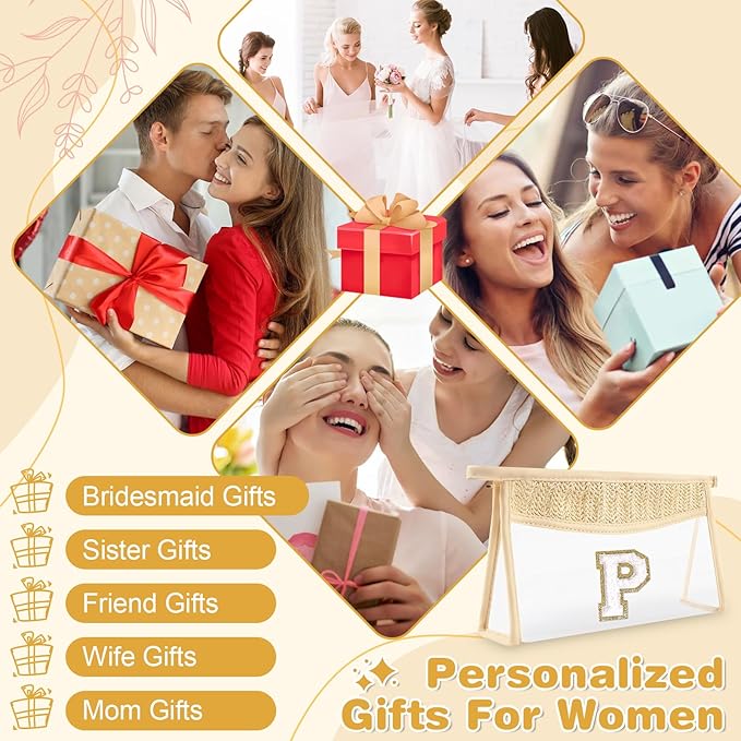 Personalized Initial Letter Bag Boho Straw Clear Makeup Bag,Small Cute Chenille Varsity Letter Pouch With Zipper,Beach Travel Toiletry,Portable Monogrammed Cosmetic Bag for Women Girls,P
