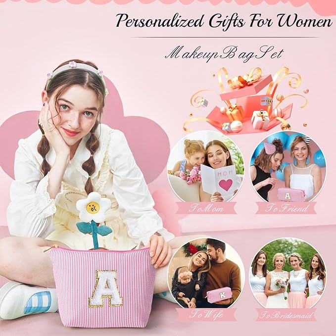 YOOLIFE Makeup Bag for Women, Personalized Initial Cute Makeup Pouch for Girlfriend Bridesmaid Wife | Cosmetic Travel Toiletry Bag for Friend Female Sister | Birthday Gift Idea for Her Mom Pink F