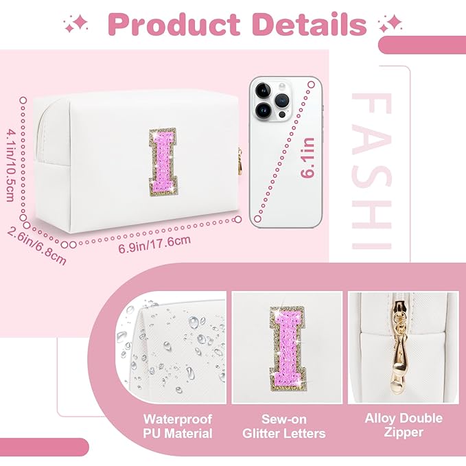Small Initial Patch Makeup Bag Personalized Gifts Make Up Bag,White Cute PU Leather Glitter Letter Cosmetic Bag with Zipper,Trendy Portable Travel Toiletry Pouch,Preppy Stuff for Teen Girls Women I