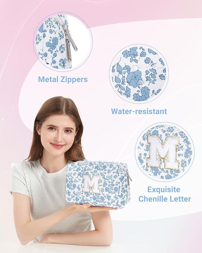 Narwey Birthday Gifts for Teen Girls Kids Women Personalized Initial Floral Makeup Bag Cute Cosmetic Trendy Stuff 6 8 10 11 12 13 14 16 18 Years Old Travel Toiletry Bag (Little Blue Flower M)