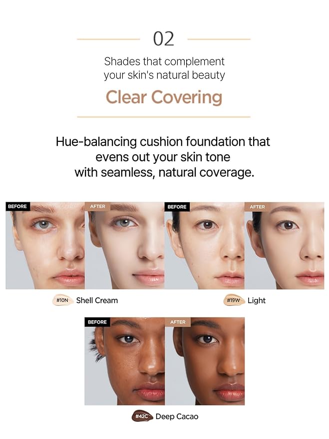JUNG SAEM MOOL Essential Skin Nuder Cushion 10N Shell Cream 0.49 Fl Oz, No Refill, Natural Radiant Finish Cushion Foundation with Buildable Coverage, Lightweight Texture, Korean Foundation Makeup
