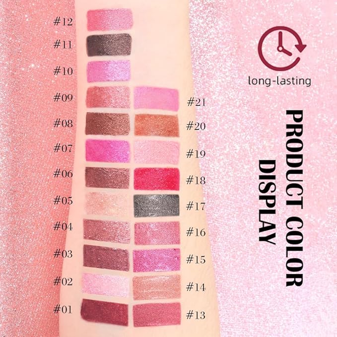 evpct Pine Red Metallic Glitter Lip Liner and Lipstick Combo Lip Gloss Stain Set Makeup for Women Long Lasting Waterproof 24, Warm Pink Metallic Shimmer Frosted Iridescent Shiny Liquid Lipstick 09