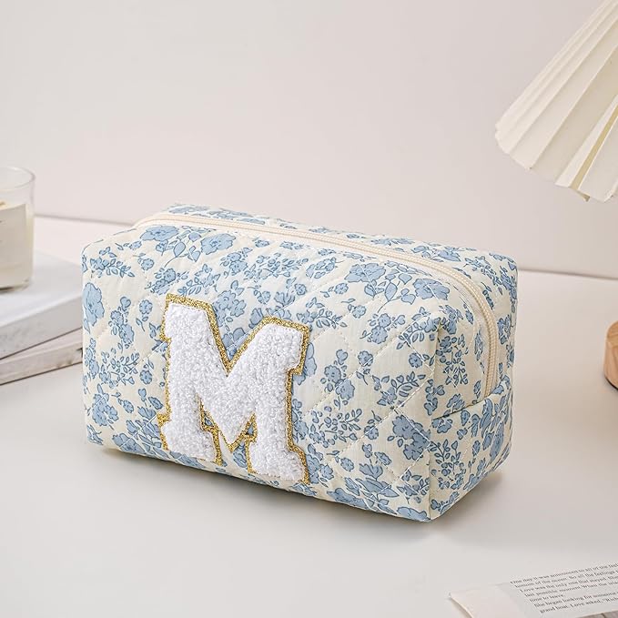JOVAKIT Alphabet Makeup Bag Cosmetic Bag for Women, Christmas Gifts for Girls Age 6-18, Floral Flowers Coquette Travel Toiletry Zipper Make Up Pouch Organizer Trendy Stuff (2Pcs Blue Floral M)