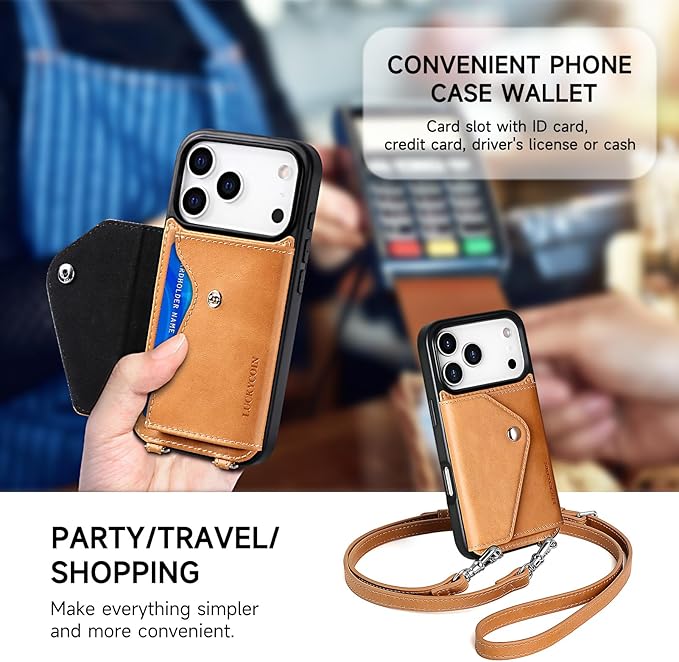 LUCKYCOIN Crossbody Wallet Phone Case for iPhone 17 Pro,100% Genuine Leather Wallet Phone Case with Expandable Flip Card Holder,Phone Purse for Women with Adjustable Removable Strap - Brown