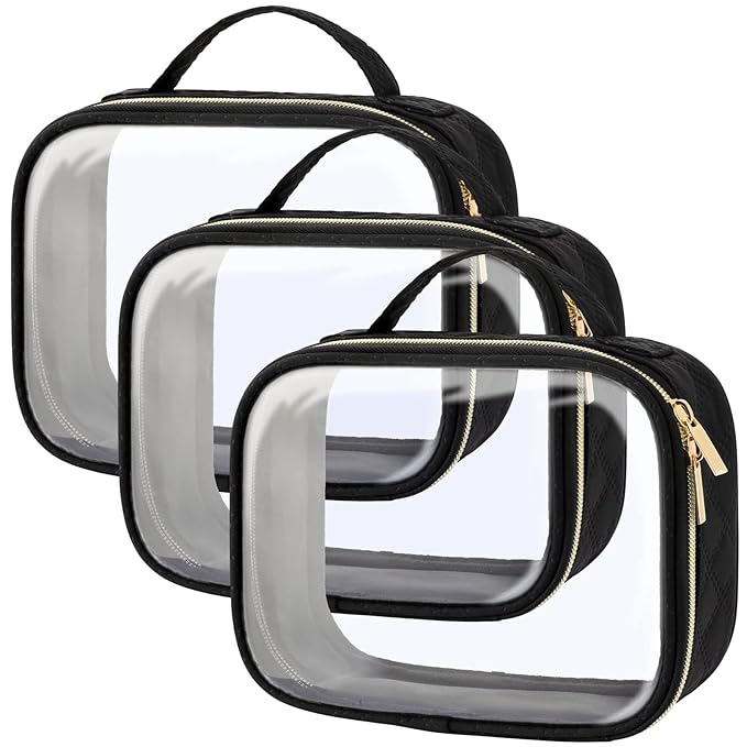 PACKISM TSA Approved Toiletry Bag, 3 Pack Clear Makeup Bags with Handle Large Opening, Clear Toiletry Bags Fit Carry-on Travel Essentials, Quart-sized Travel Bags for Toiletries, Black