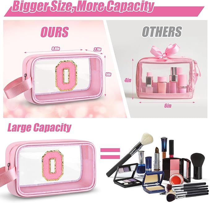 Initial Makeup Bag,Letter O Cute Clear Monogrammed Cosmetic Travel Bag for Womens Girls,Personalized Pink Aesthetic Traveling Make Up Organizer Bag for Beach,Waterproof Toiletry Bag