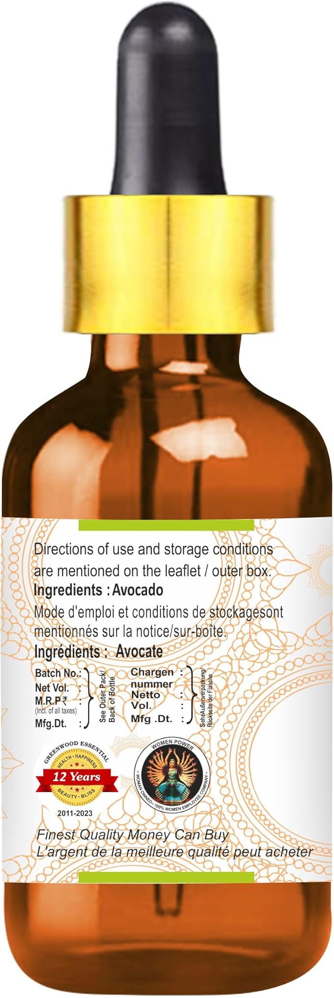 Greenwood Essential Pure Avocado Oil (Persea americana) with Glass Dropper Cold Pressed 30ml (1 oz)