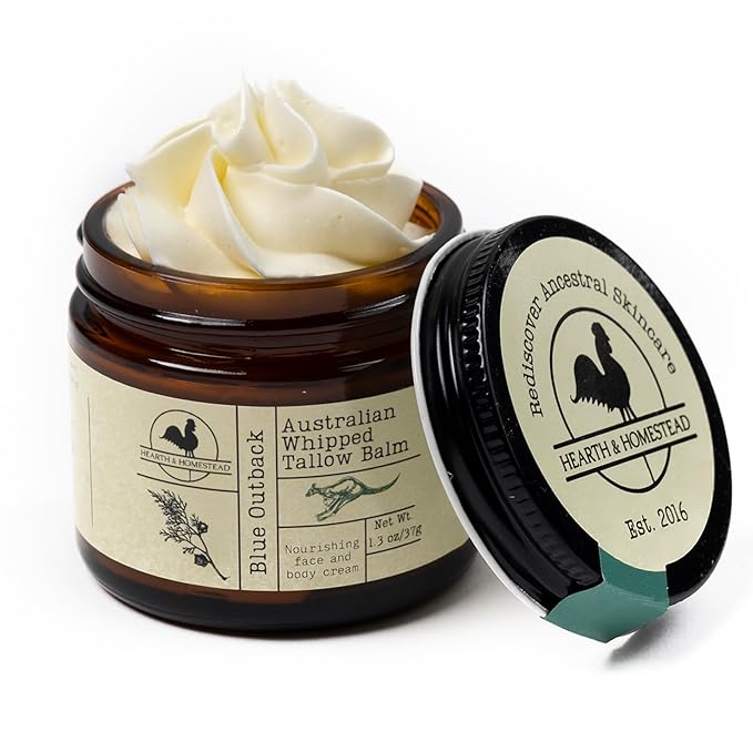 Hearth and Homestead: Handmade Blue Outback Australian Whipped Tallow Balm with Emu, Jojoba, Sandalwood, and Blue Cypress - 1.3 oz -