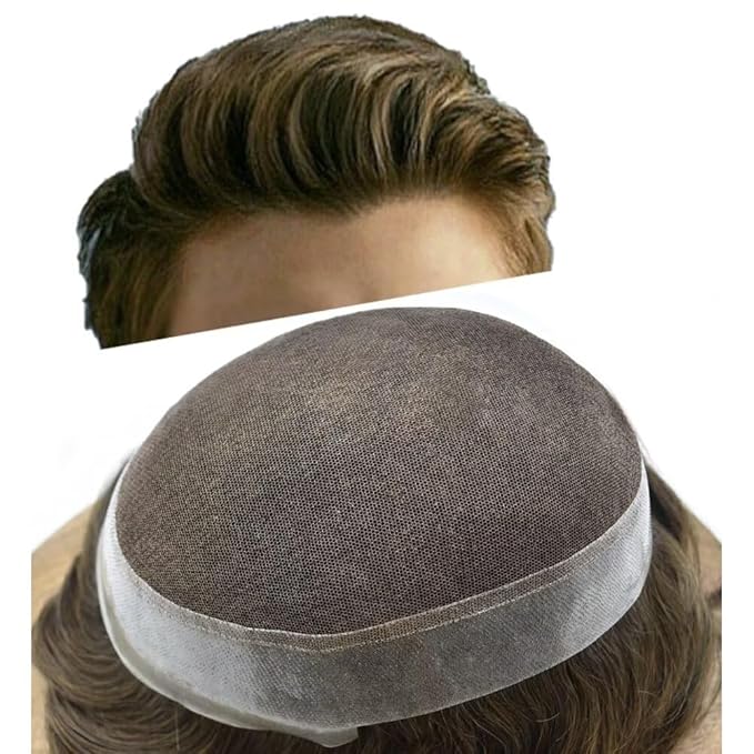 FACE MIRACLE Hair System for Men French Lace Mens Toupee Human Hair Replacement System Lace with PU Toupee for Men Male Hair Piece Wigs 7"X10" #3 Dark Brown