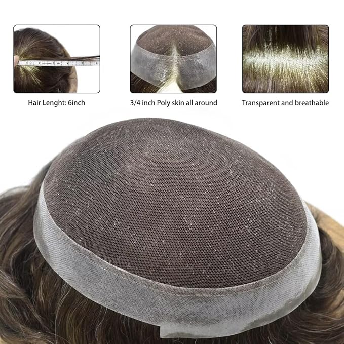 FACE MIRACLE Toupee for Men Lace Center Mens Toupee Hairpiece for Man Human Hair Replacement System Lace Center with Poly around Hair Units Mens Wig Hair Prosthesis 6"X9" #320