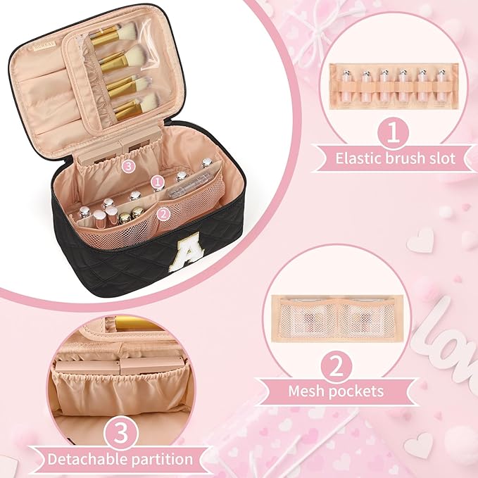 OCHEAL Makeup Bag for Women, Monogram Cosmetic Bag with Brush Holder,Black Travel Makeup Case Beauty Toiletry Bag Organizer Personalized Gifts for Girls Bridesmaid, Sister, Wife, Friends Initial A