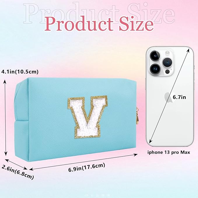 Small Personalized Letter Makeup Bag, Cute PU Leather Chenille Letters Cosmetic Bag Travel Makeup Pouch, Preppy Travel Organizer Zipper Pouch for Women&Girls（Blue-V）