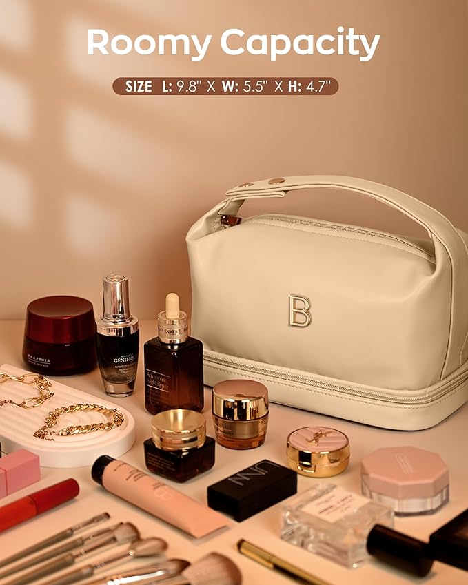 Personalized Friend Gifts, Initial Large Makeup Bag, Personalized Double Layer Cosmetic Bag with Makeup Brush Organizer, Waterproof, Large Capacity PU Leather Toiletry Bag，Teacher Gifts