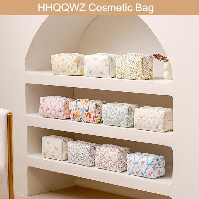 Makeup Bag Travel Cosmetic Bag for Women Girls, Zipper Make Up Pouch, Floral Flowers Toiletry Organizer Makeup, Portable Storage Bag, Cosmetic Travel Cloth Bag (Pink+Large Blue Flowers)