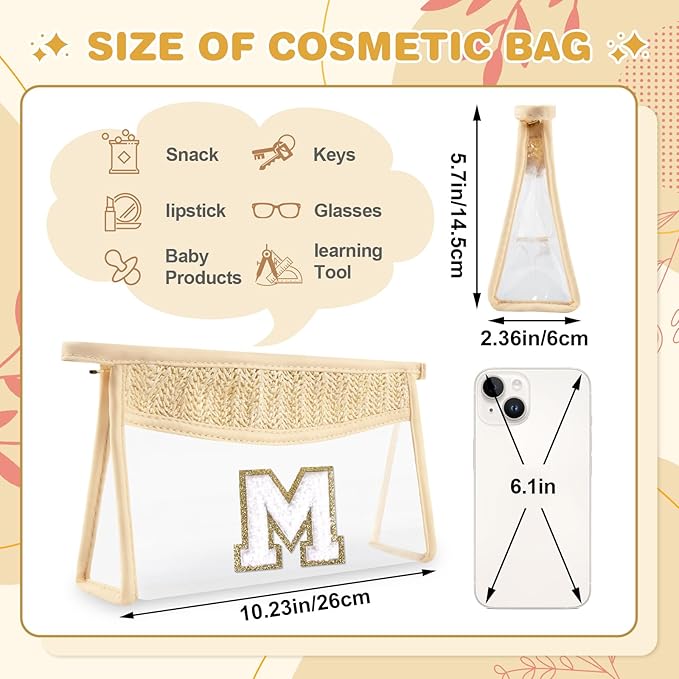 Personalized Initial Letter Bag Boho Straw Clear Makeup Bag,Small Cute Chenille Varsity Letter Bag With Zipper,Beach Travel Toiletry Bag,Portable Monogrammed Cosmetic Bag for Women Girls,M