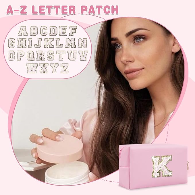 Small Personalized Initial A-Z Patch Makeup Bag,Pink Cute PU Leather Glitter Letter Cosmetic Bag for Teen Girls,Travel Toiletry Bag with Zipper,Preppy Monogrammed Birthday Gift for Daughter Niece K