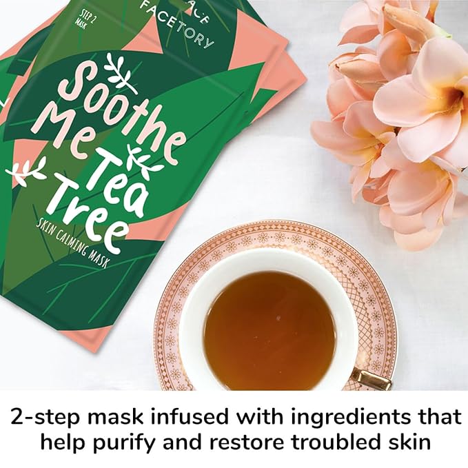 FACETORY K Beauty Face Mask Skin Care - Soothe Me Tea Tree 2-Step Sheet Mask with Tea Tree Extract & Chamomile + Soothing Ampoule | Skin Calming, Acne Clearing (10 Pack)
