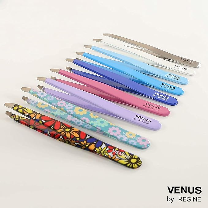 Venus by Regine Slant Tweezers - Handmade Precision Tool for Women & Men, 25-Degree Angle for Shaping Eyebrows & Grooming Facial Contours, Suitable for Eyebrow & Facial Hair Removal (Bright Blue)