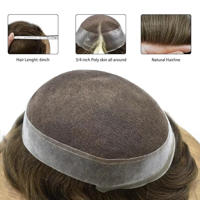 FACE MIRACLE Toupee for Men French Lace Hairpiece Human Hair Replacement System Skin PU Mens Toupee Hair Wigs for Man V-Looped Front Hair Prosthesis 6"X9" 5#MEDIUM LIGHT BROWN