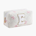 Gleyemor Personalized Initial Makeup Bag for Women, Cute Quilted Pink Floral Cotton Cosmetic Bag, Christmas Gifts for Her Mom Friend Sister Bridesmaid Teacher Women E