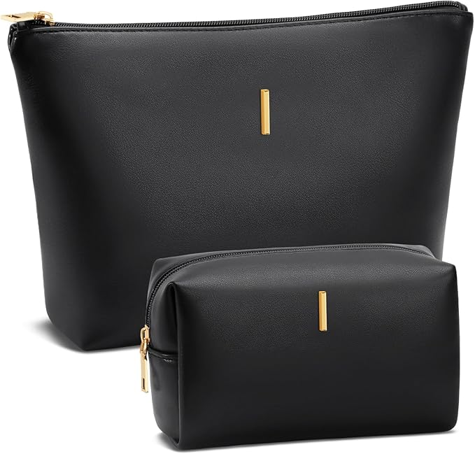 Women Gifts | Initial Makeup Bag Set for Girl Personalized Gifts for Bridesmaid Friend Graduation Teachers PU Leather Cosmetic Travel Toiletry Bag(Black,I)