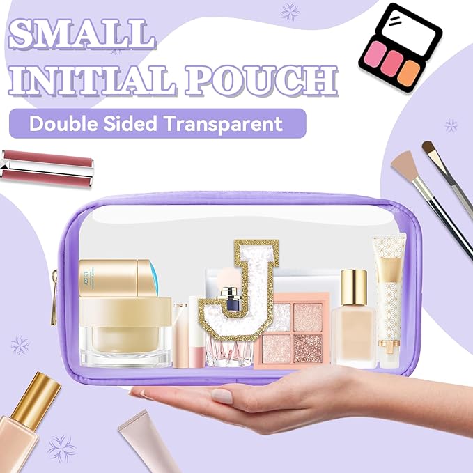 Small Clear Personalized Initial Makeup Bag,Nylon Preppy A-Z Chenille Letter Patch Cosmetic Pouch Beach Toiletry Bag,Waterproof Zip Travel Purse Storage Bag Organizer for Women Girls(Purple-White J)