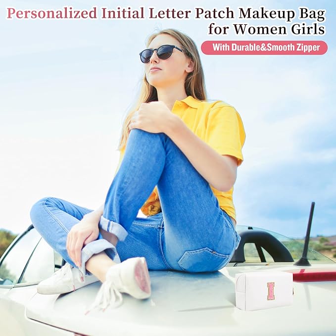 Iqimott Personalized Initial Letter Patch Makeup Bag, Preppy Portable Chenille Letter Cosmetic Bag with Zipper, PU Leather Waterproof Travel Toiletry Bag Monogram Make Up Pouch for Women Girls