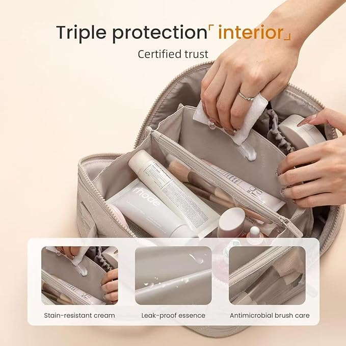 Makeup Bag for Woman, 180° Lay Flat Wide Open Makeup Bags, Large Fold out Washable Cosmetic Case, Quilted Puffy Toiletry Bags for Toiletries (White)