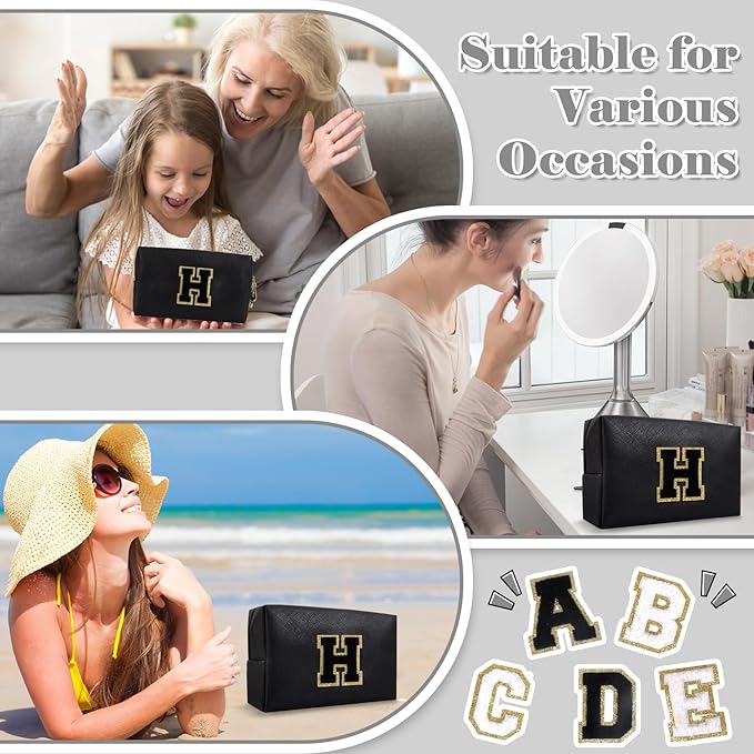 Personalized Initial A-Z Preppy Patch Makeup Bag,Small PU Chenille Letter Cosmetic Bag with Zipper for Teen Girls,Black Cute Toiletry Organizer Bag,Monogram Makeup Case Gift for Women Girls,Letter H