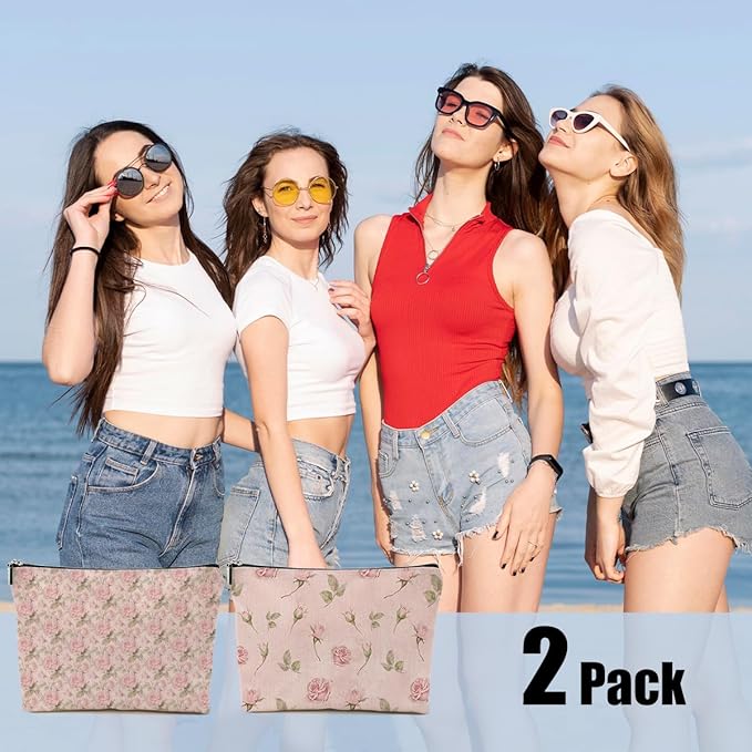 2pcs Pink Vintage Roses Floral Makeup Bag, Pink Coquette Roses Flower Cosmetic Bag Rose Gifts for Women Female Girls Sister BFF Nature Lover, Travel Zipper Pouch Christmas Thanksgiving Birthday Gifts