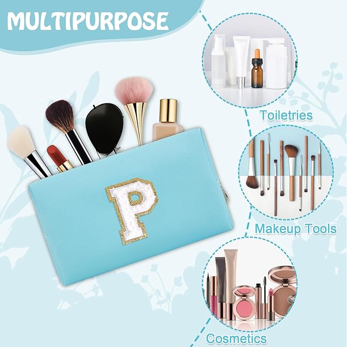 Personalized Initial Preppy Makeup Bag Organizer, Small Blue Cosmetic Bag Monogram Travel Toiletry Zipper Pouch for Purse, Portable Waterproof PU Make Up Case Party Gift for Women Friends(Letter P)