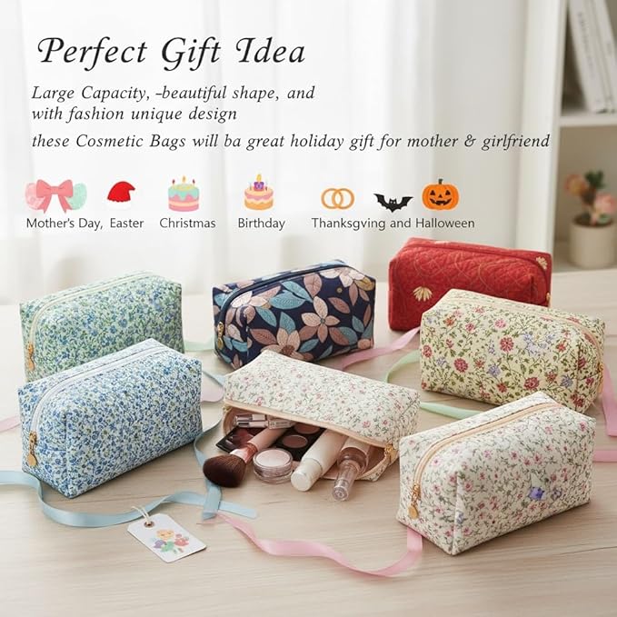 Floral Cotton Makeup Brush Cosmetic Bag for Women,Travel Quilted Zipper Pouch,Large Capacity Flowers Toiletry Organizer, Kawaii Makeup Storage Case, Cosmetic Travel Cloth Bag–Yellow/Orange Flowers