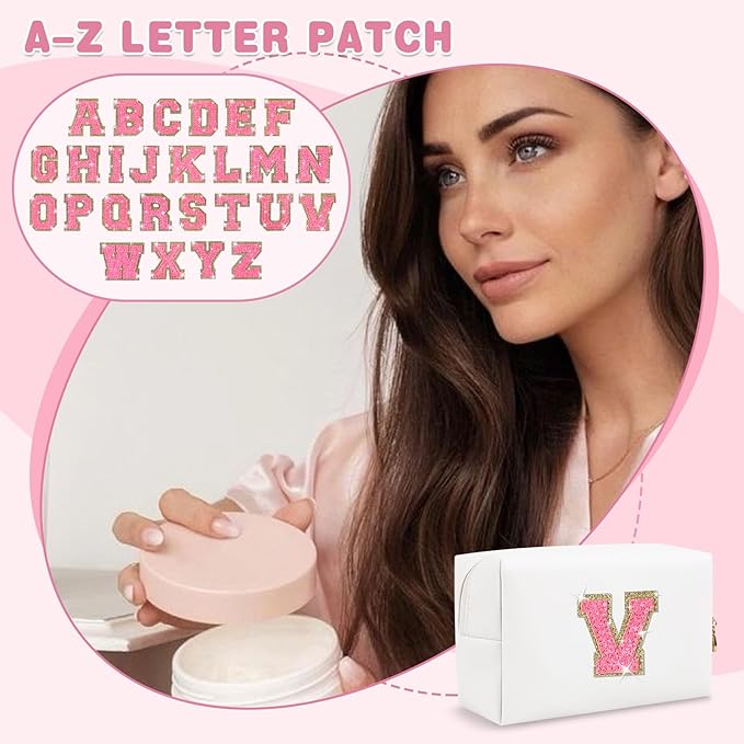 Small Personalized Initial A-Z Patch Makeup Bag,White Cute PU Leather Glitter Letter Cosmetic Bag for Teen Girls,Travel Toiletry Bag with Zipper,Preppy Monogrammed Birthday Gift for Daughter Niece V