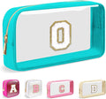 Small Clear Personalized Initial Makeup Bag, Preppy Nylon A-Z Chenille Letter Patch Makeup Organizer TSA Approved Travel Toiletry Bag,Waterproof Zip Beach Cosmetic Pouch Purse for Women(Cyan-White O)