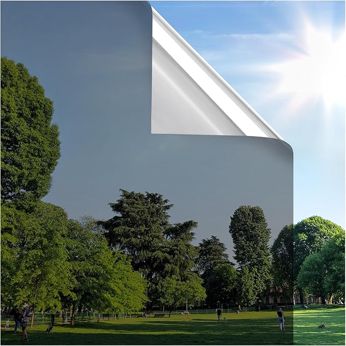 rabbitgoo Window Privacy Film One Way Window Tint for Home, Removable Reflective Heat Sun Blocking Anti UV Glass Door Covering, Mirror Tinting Film House Office, 35.4 in X 6.5 Feet, Black Silver