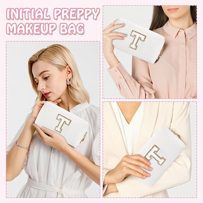 Personalized Small Travel Preppy Makeup Bag, Chenille Letter White Cute Makeup Bag Initial Cosmetic Pouch Toiletry Organizer, PU Waterproof Makeup Storage Thanksgiving Gifts for Friends(Letter T)