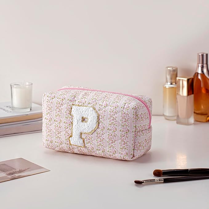 JOVAKIT Alphabet Makeup Bag Cosmetic Bag for Women, Christmas Gifts for Girls Age 6-18, Floral Flowers Coquette Travel Toiletry Zipper Make Up Pouch Organizer Trendy Stuff (Pink Floral P)
