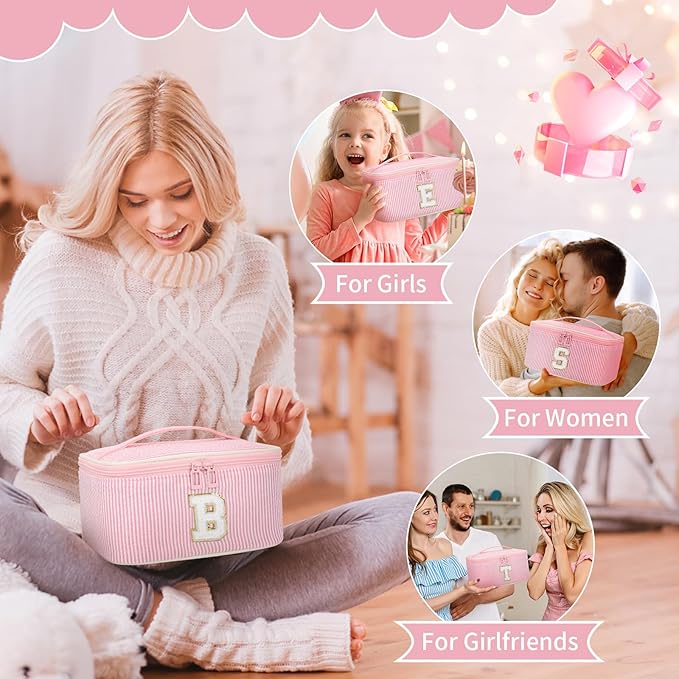 OCHEAL Makeup Bag for Women, Monogram Cosmetic Bag with Brush Holder, Pink Travel Makeup Case Beauty Toiletry Bag Organizer Personalized Gifts for Girls Bridesmaid, Sister, Wife, Friends Initial P