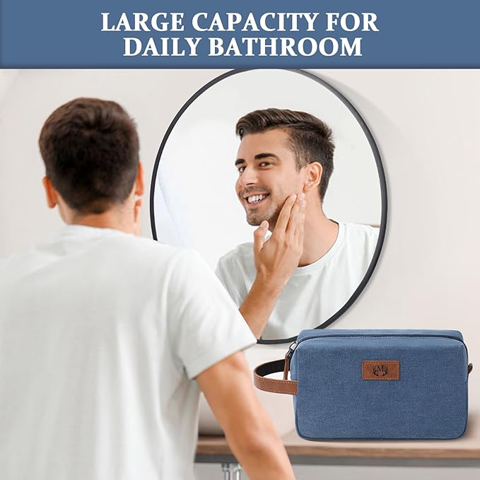 Janhavi Shaving Bag for Men Travel Waterproof, Engraved Initials & Wheat Ear, Make Up Bag,Groomsmen Gifts, Mens Toiletry Travel Bag, Men's Accessories Organizer, Gifts for Him(Blue L)