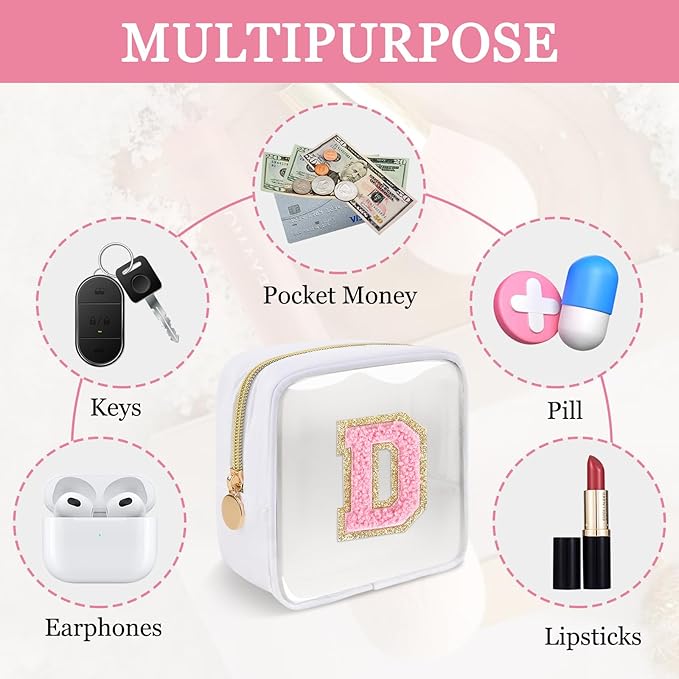 Mini Clear Personalized Initial Makeup Bag,Nylon Preppy A-Z Chenille Letter Patch Zipper Cosmetic Bag, Small Cute Beach Pouch Travel Purse Sanitary Napkin Storage Bag for Women Girls(White-Pink D)