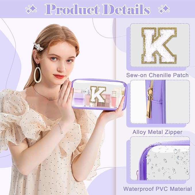Personalized Initial Letter Clear Makeup Bag,Preppy Small Nylon&PVC Cosmetic Zipper Bag with Chenille Letter,Travel Skincare Toiletry Bag,Monogram Christmas Gift for Teen Girls Women,K
