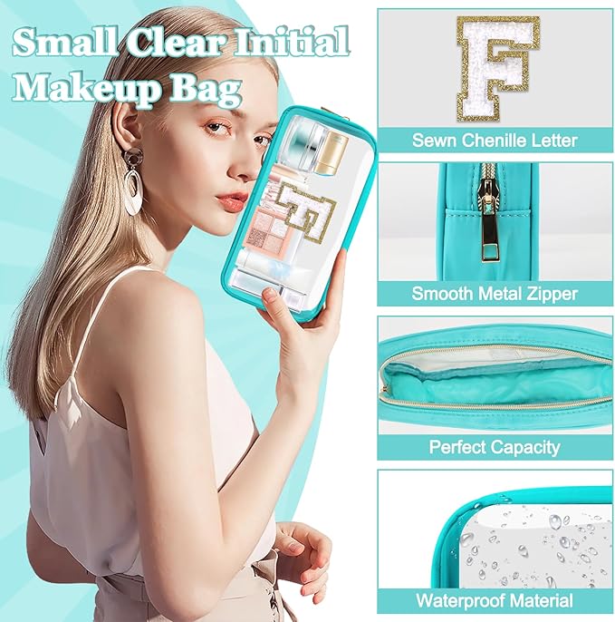 Small Clear Personalized Initial Makeup Bag,Nylon Preppy A-Z Chenille Letter Patch Cosmetic Pouch Beach Toiletry Bag,Waterproof Zipper Travel Purse Storage Bag Organizer for Women Girls(Cyan-White F)