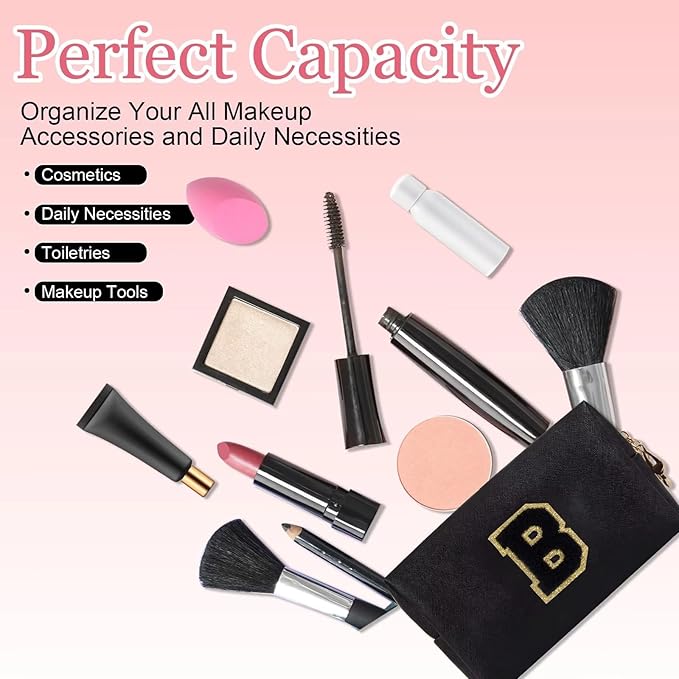 Small Personalized Letter Makeup Bag, Cute PU Leather Chenille Letters Cosmetic Bag Travel Makeup Pouch, Preppy Travel Organizer Zipper Pouch for Women&Girls（Black-B）