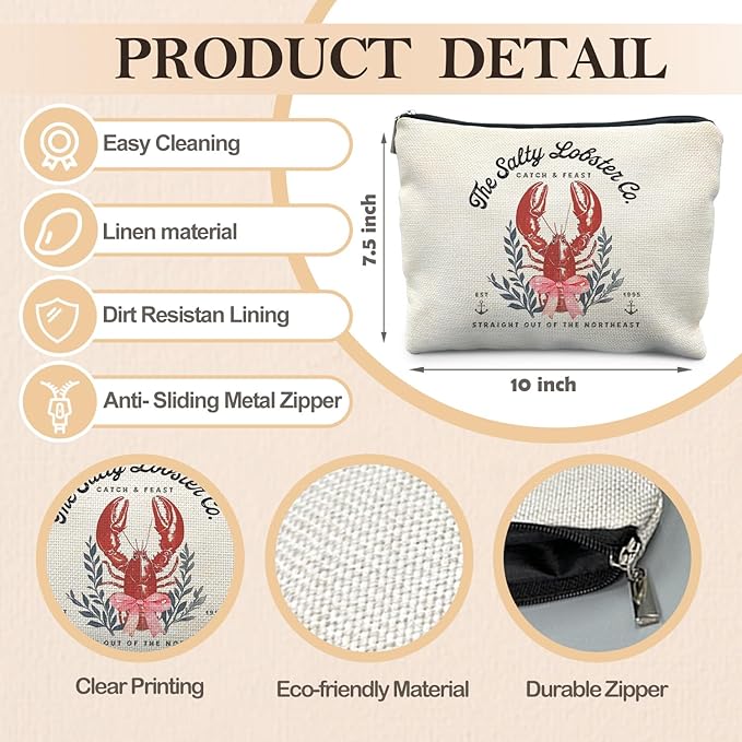Crawfish Makeup Bag, Coquette Pink Bow Coastal Beach Nautical Lobster Cosmetic Bags for Women, Summer Seafood Makeup Zipper Pouch, Gifts for Beach Lovers