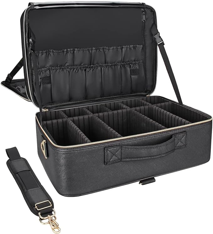 Relavel Extra Large Makeup Case Travel Makeup Bag Professional Leather Artist Bag Portable Cosmetic Brush Holder Organizer Nail Organizer Box with Adjustable Dividers