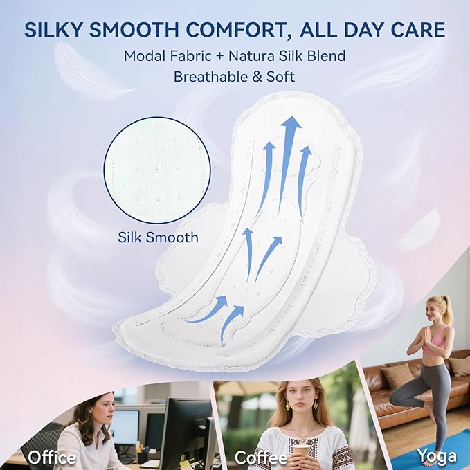 MODAL Pads for Women, Unscented Daily Thin Sanitary Pads for Period with Wings, 9.5 Inch(240 mm), Regular, 32 Count