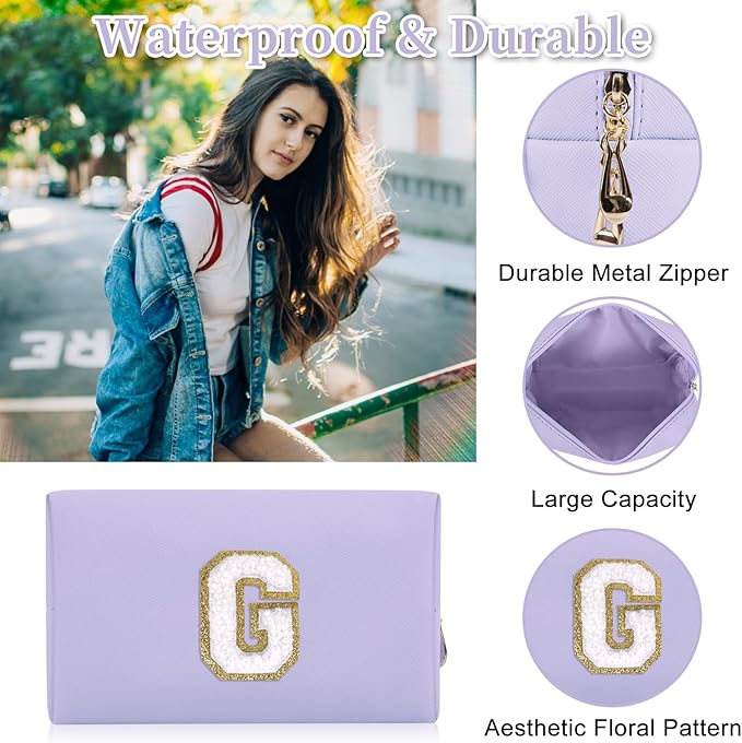 Iqimott Personalized Initial Letter Patch Makeup Bag, Preppy Small Chenille Letter Cosmetic Bag with Zipper, PU Leather Waterproof Travel Toiletry Bag Monogram Make Up Pouch for Women Girls(Letter G)