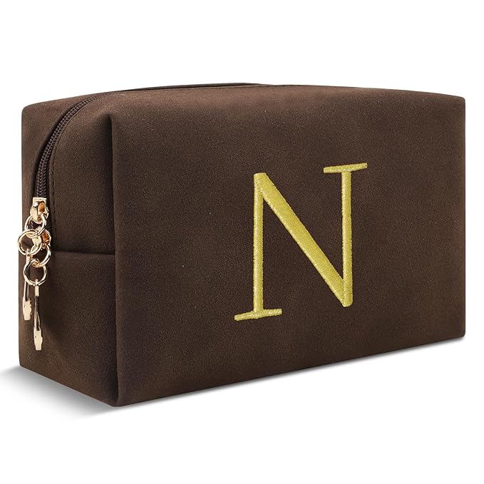 Personalized Initial Makeup Bag,Preppy Suede Cosmetic Bag for Teen Girls,Small Monogram Travel Toiletry Bag With Gold Embroidered Letter,Trendy Stuff Custom Christmas Gift for Women(Coffee-N)